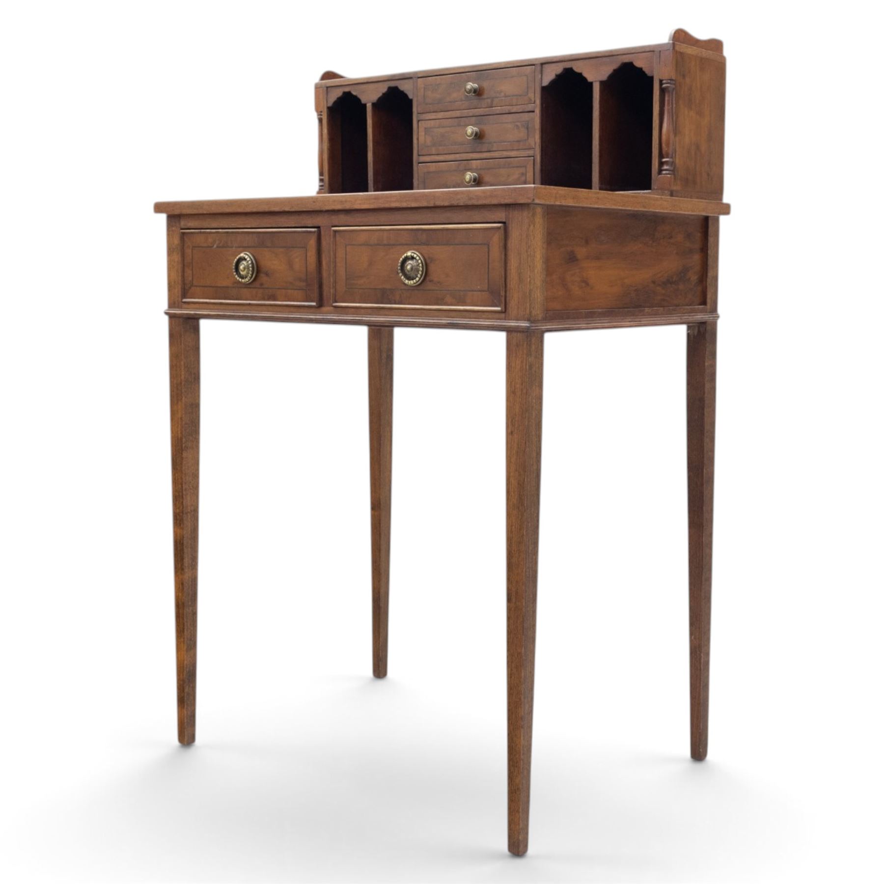 Small Edwardian writing desk, with raised back with three fitted drawers and pigeon holes, above a green tooled leather writing surface, two short drawers with brass ring pulls, square tapering supports