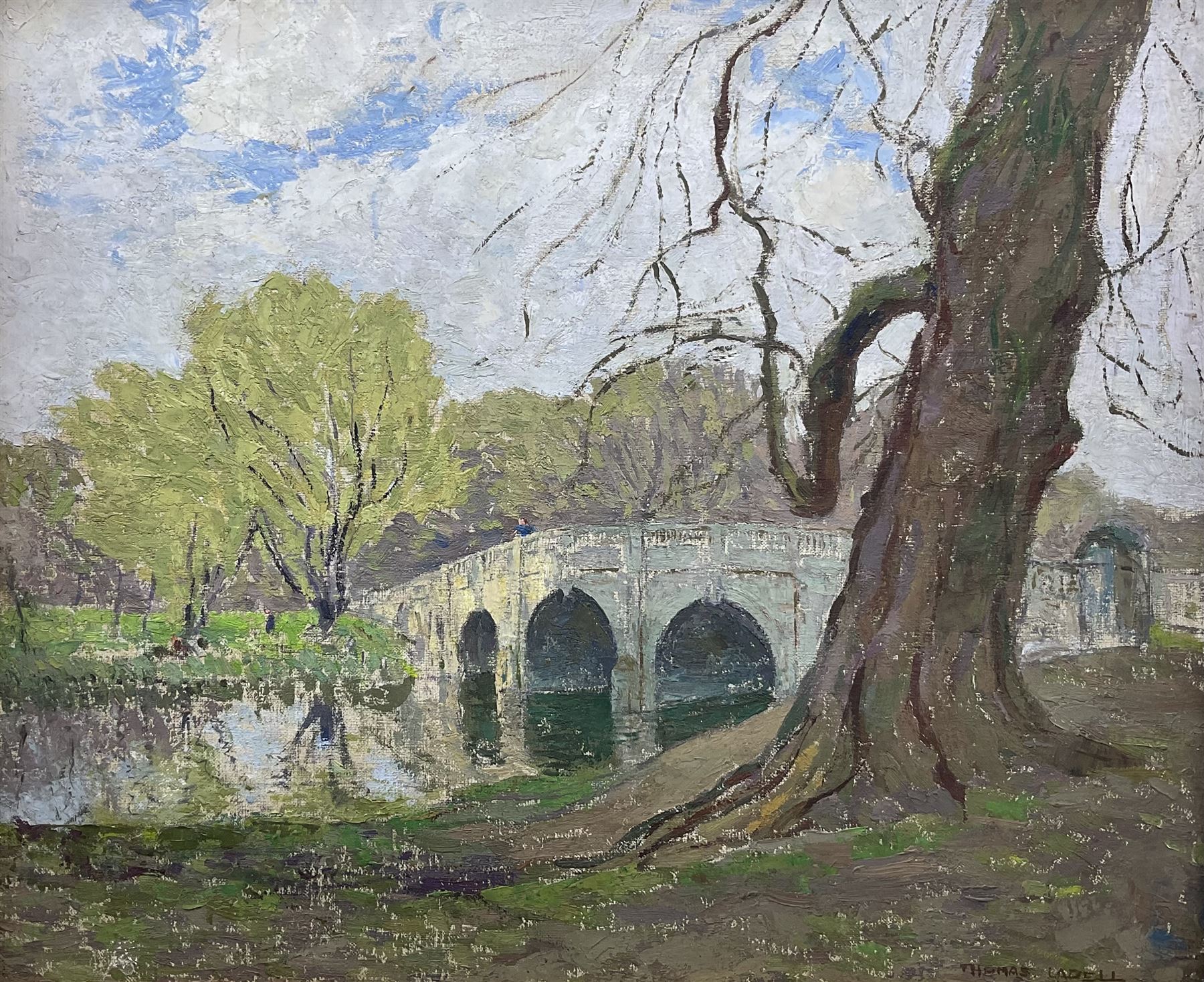 Thomas La Dell (British 1883-1971): Country Park with Stone Bridge, oil on canvas board signed 41cm x 49cm 
Notes: Thomas was the father of Thomas Edwin La Dell ARA (1914-1970), he is listed as a 'Sheffield-born bookbinder' and 'still life painter' along with his wife Ellen. He exhibited at the Royal Academy between 1949-1967; his inaugural exhibit in 1949 was entitled 'The Old Elm' (No.938), which, owing to the James Bourlett label verso, may well be the present lot