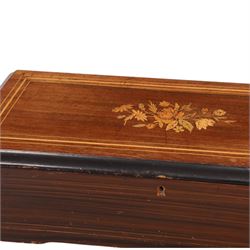 Swiss-Late 19th-century inlaid rosewood musical box playing eight airs, 78 tooth steel comb and brass cylinder, crank operated going barrel with a jewelled governor, with original tune sheet, W51cm 