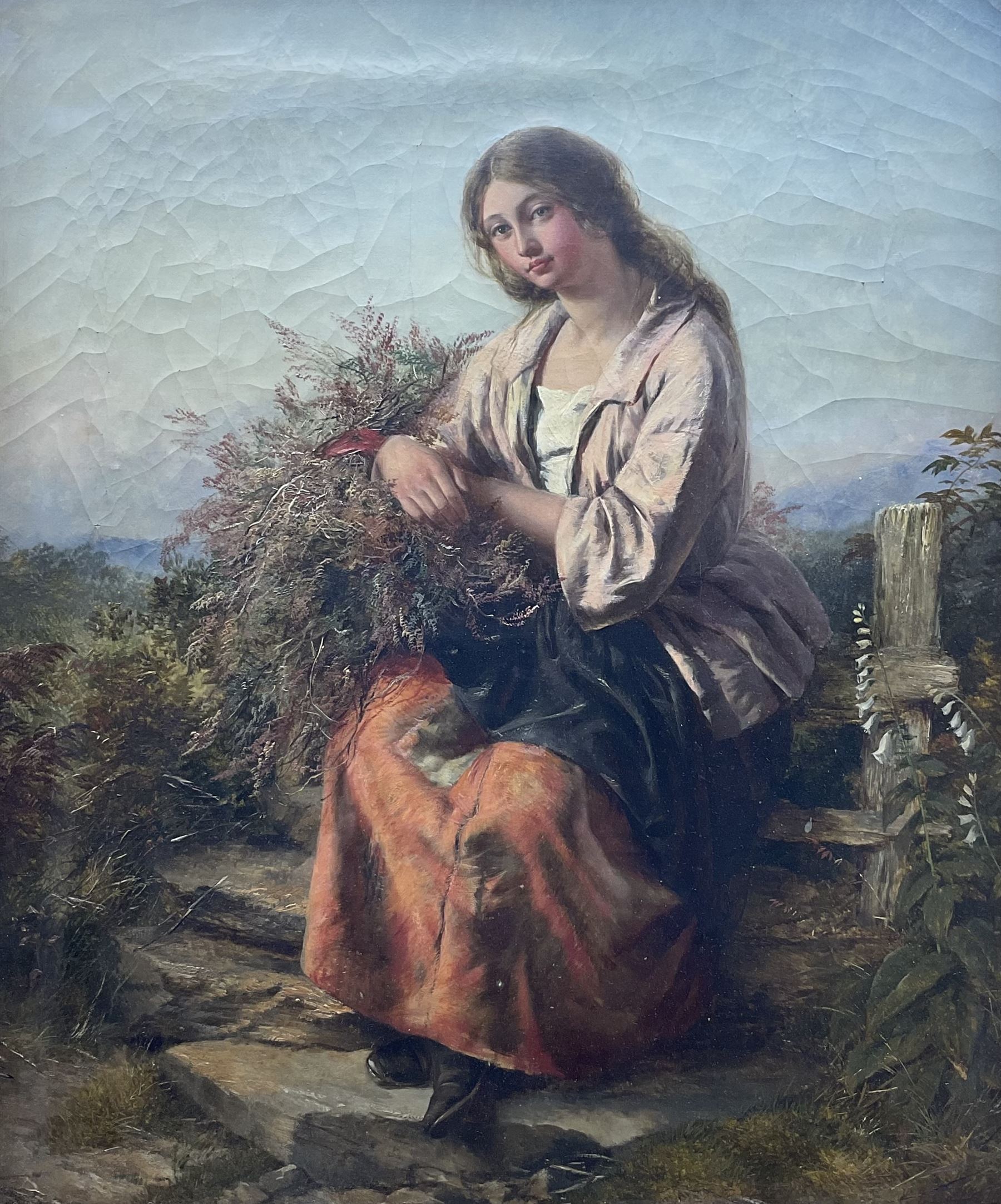 Edward John Cobbett (British 1815-1899): Young Woman Gathering Heather, oil on canvas signed 60cm x 50cm