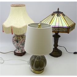  Tiffany style table lamp with lustre shade on bronzed base, H59cm Chinese porcelain baluster table lamp and Celadon style fluted lamp on brushed brass circular base (3)  