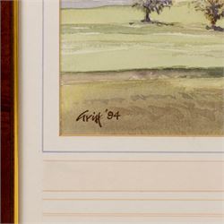 George 'Griff' Griffiths (British 1939-2017): 'Hackness Church from Hackness Park' 'Hackness Hall Lake Towards Langdale End' and 'Hackness Hall', triptych of watercolours signed Griff and dated '94, max 26.5cm x 54cm (3)