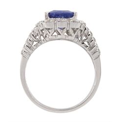 18ct white gold rectangular cut sapphire, round cut and baguette cut diamond cluster ring, with diamond set shoulders, stamped 750, sapphire 3.55 carat, total diamond weight 1.47 carat, with World Gemological Institute Report
