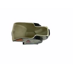 Lorna Bailey Old Ellgreave Pottery, comprising teapot in beach design, circular jar in house and path design, shell jug in Bridge and stream design, squat jug in Pagoda design and plate decorated with an Art Deco woman, all with printed and painted marks. 