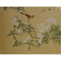  Oriental painting on silk depicting butterflies and Insects on Flowers 95cm x 52cm and a similar smaller one 30cm x 37cm (2)  