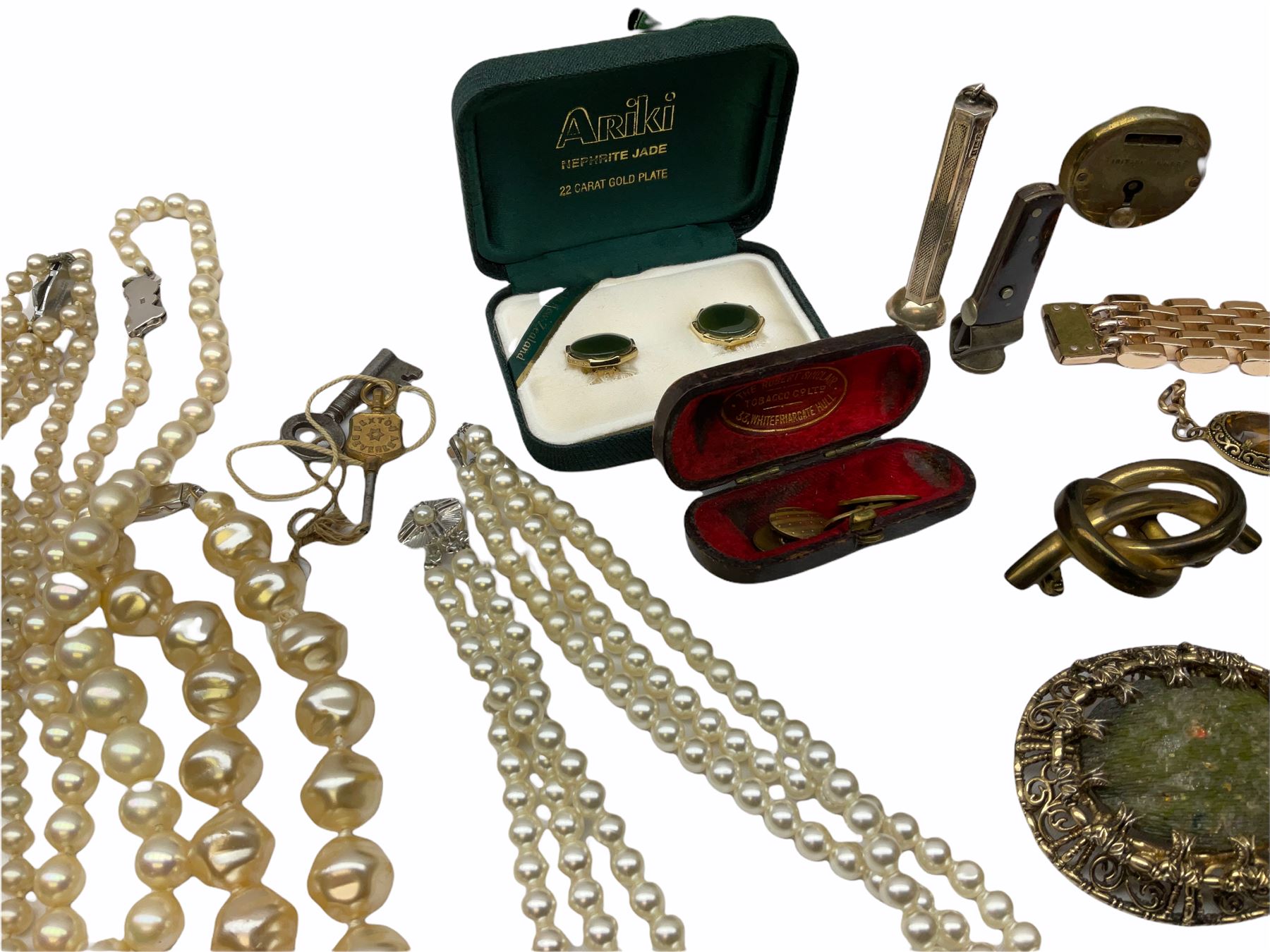 Silver cigar piercer by Dunhill, Birmingham 1958, gold garnet ring, stamped 9ct, Victorian rose gold shank hallmarked with soldered gilt cameo head and a collection of vintage and later costume jewellery