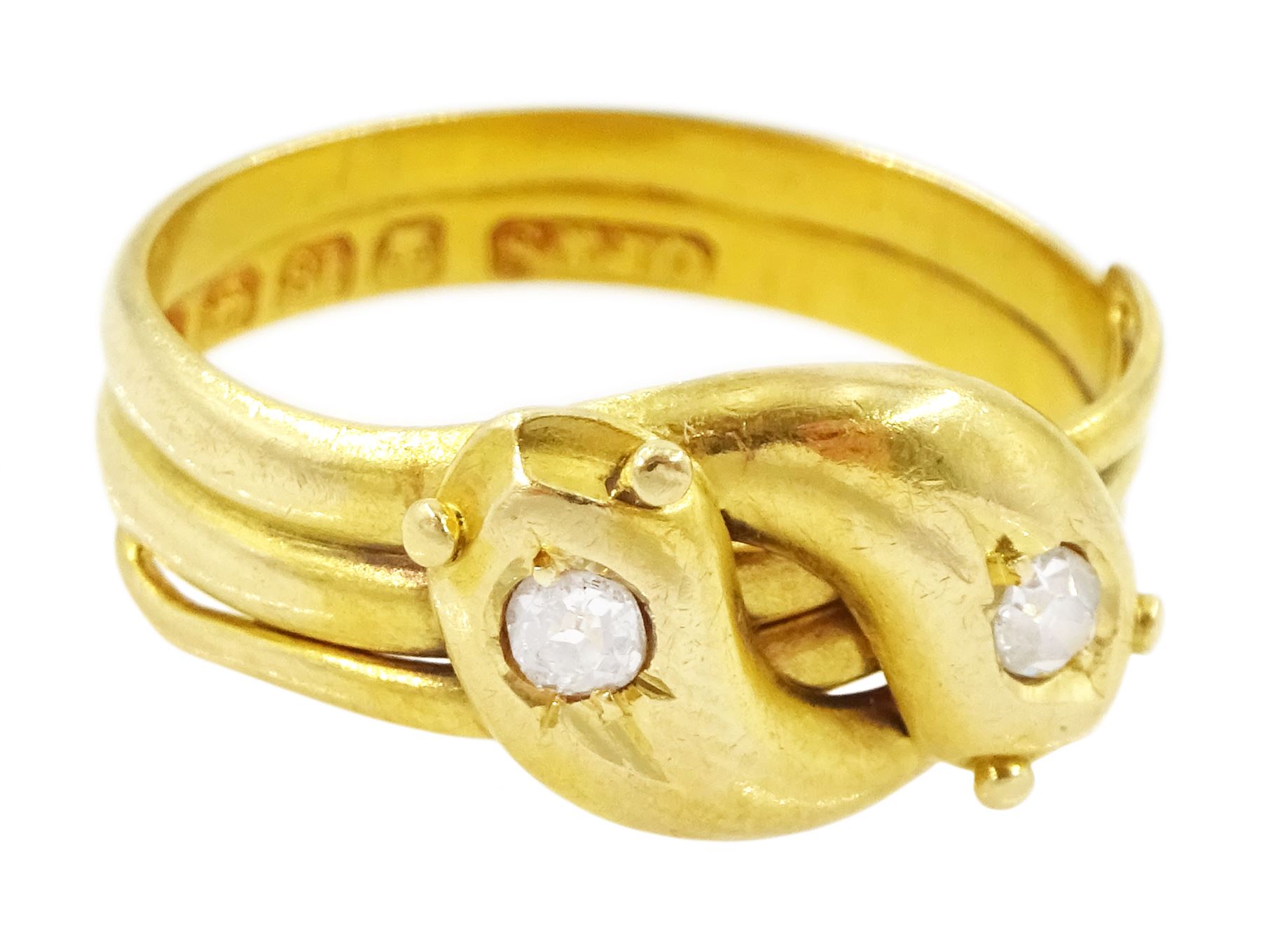 Victorian 18ct gold diamond double coiled snake ring, with an old cut diamonds set in each head, Birmingham 1890, total diamond weight approx 0.10 carat
