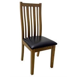 Light oak extending dining table, with four chairs, breadboard ends with integrated fold out leaf with latches, on square supports, tall slatted backrest with brown leather drop in seat  

(Extended 165cm)