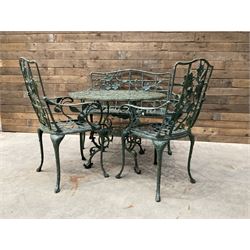 Cast aluminium garden dining set, comprising ornate circular table (D91cm, H68cm) a two seater bench, on cabriole supports (W118cm, H93cm, D55cm), and two matching armchairs (W55cm, H95cm, D54cm)