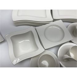 Villeroy & Boch New Wave pattern dinner and tea service for five people, comprising square dinner plates, rectangular dinner plates, pasta bowls, cereal bowls, coffee cups and saucers, side plates and dessert plates, all with printed mark beneath