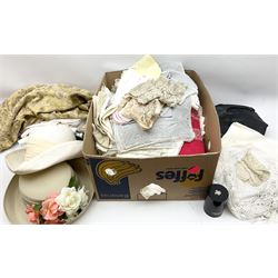 Collection of mostly vintage textiles, to include various linens and lace, including some embroidered examples, length of floral flocked fabric, etc., plus two vintage hats 