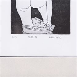 Alan Coates (British Contemporary): 'Nude 4', limited edition etching No.3/12 signed and titled 20cm x 14cm; Sarah J Venus (British Contemporary): Corsets, lino cut 21cm x 19cm; William 
