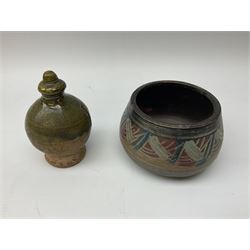 Group of studio pottery to include shallow bowl of ochre and terracotta colour pallete with flaked design, engraved ‘Goy’ to reverse, W33cm, green money box of ovoid form and two others (4)