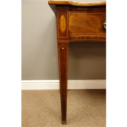  George III mahogany serpentine front side table, single book matched figured drawer, on square tapering supports, box wood stringing and inlaid shells, W115cm, H83cm, D58cm  