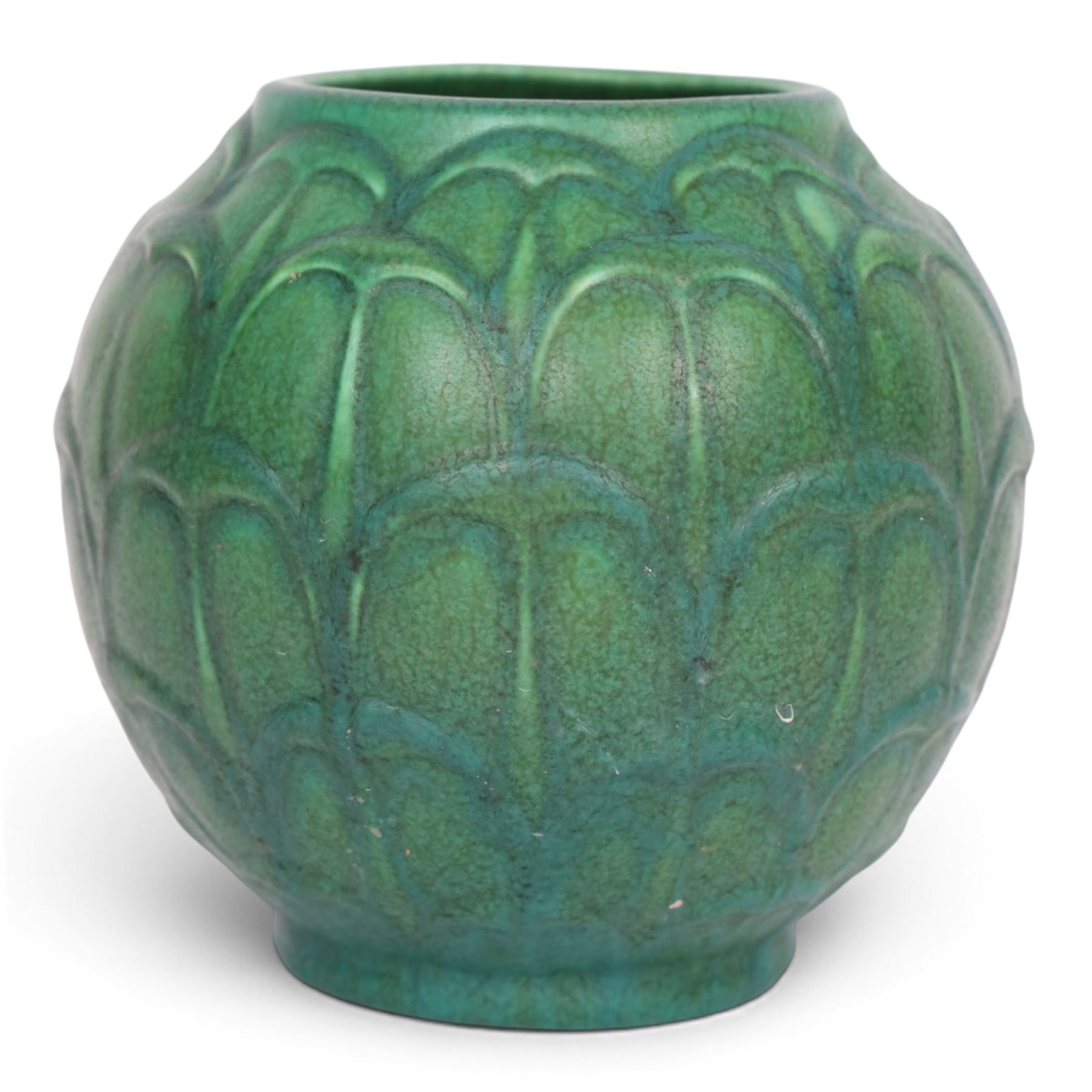 Pilkington's Royal Lancastrian green vase, of bulbous form, with stylised leaf decoration, with impressed mark and number 3362 beneath, H17cm 