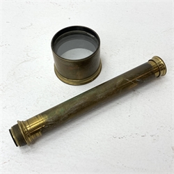 19th century telescope inscribed R. Thomas 7A Duke Street Grosvenor Square London W, with long green cloth covered white metal cylinder, brass fittings with additional eye-piece and folding wooden tripod L120cm H165cm
