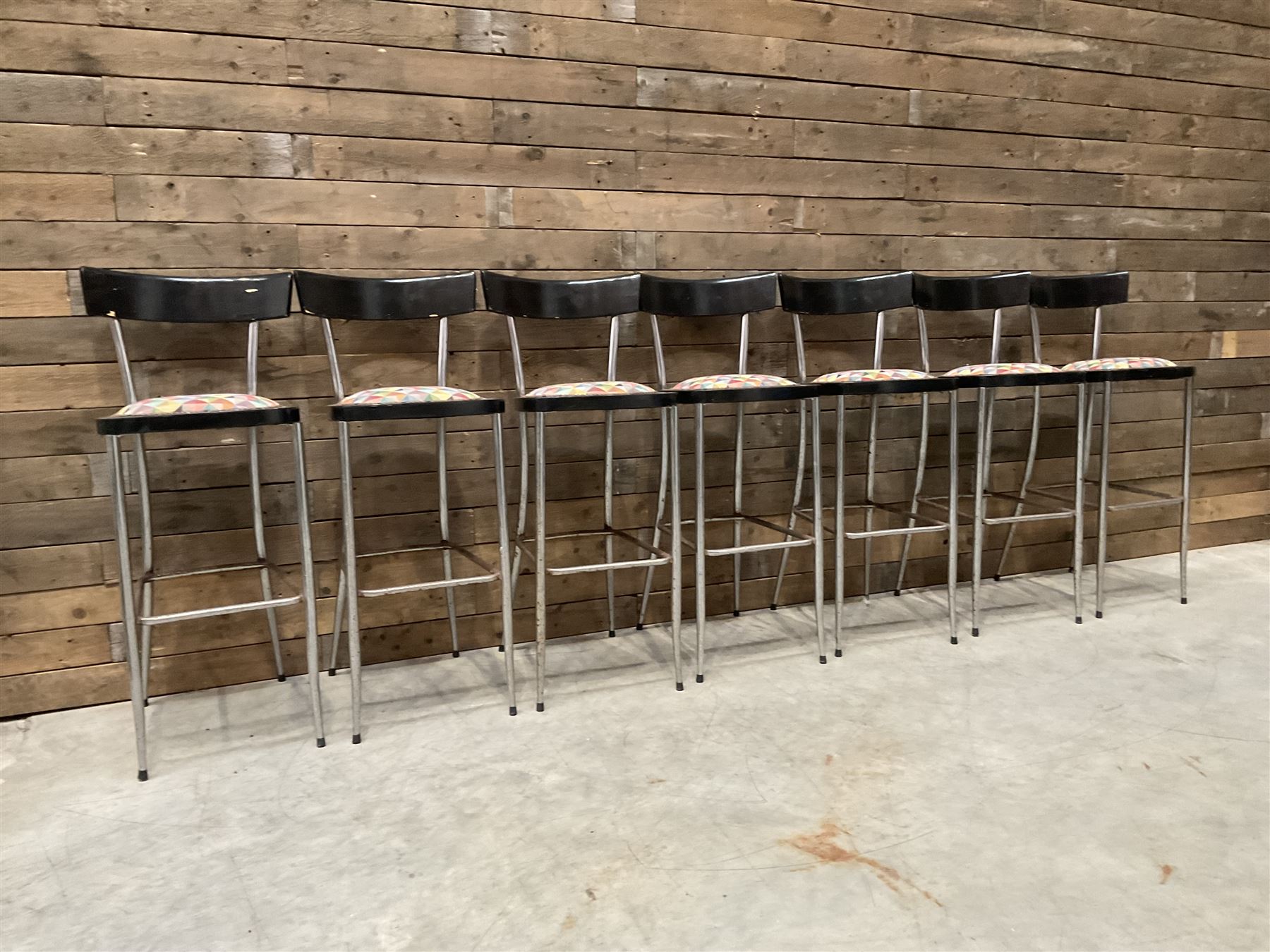 Seven chrome framed tall ball stools with upholstered seat and three other tall stools (10)