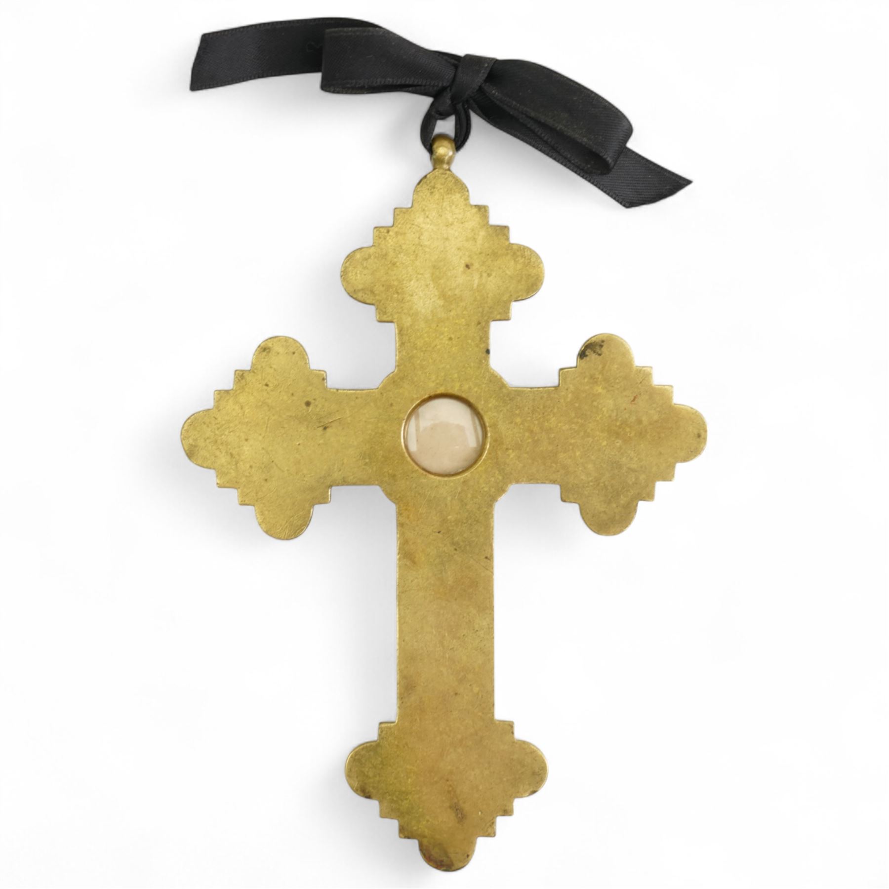 Italian micro mosaic cross, the central panel depicting a solitary female figure, each point decorated with sprigs of flowers, the inscription reading 'Anno Santo Roma 1900', H14cm