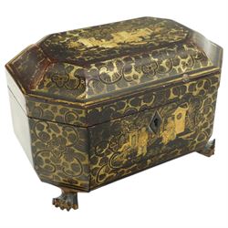 19th century Chinese export black lacquered rectangular tea caddy with canted corners deco...