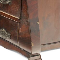 Late 19th century Continental bombe cabinet on chest, shaped moulded cornice with carved cresting, the upper section enclosed by a pair of arched glazed doors with astragal glazing revealing a shelved interior, the lower section fitted with four graduating drawers with rococo-style metal handles, serpentine front and sides, raised on scroll and paw feet