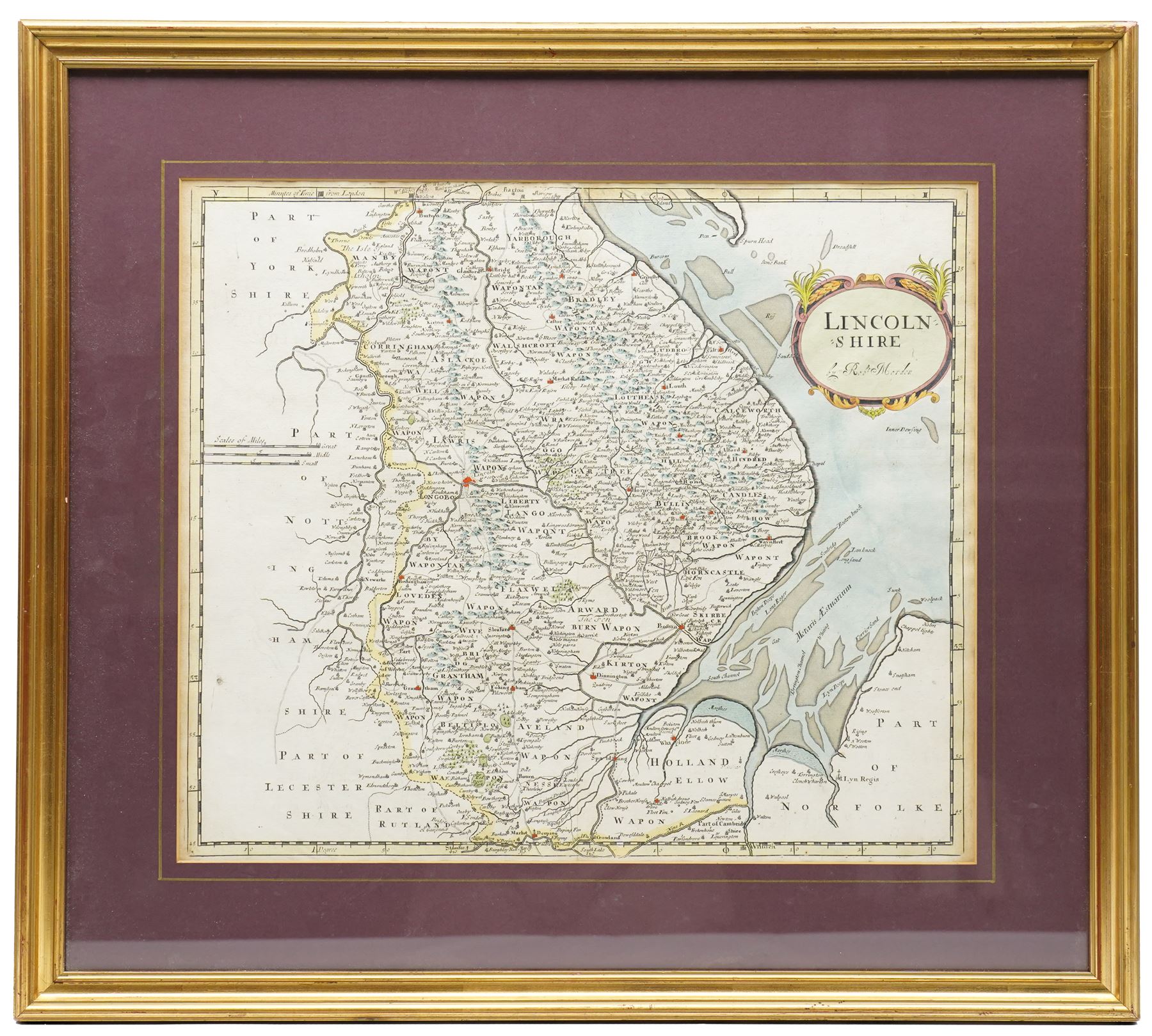 Robert Morden (British c.1650-1703): 'Lincolnshire', 17th/18th century engraved map with hand-colouring 37cm x 43cm