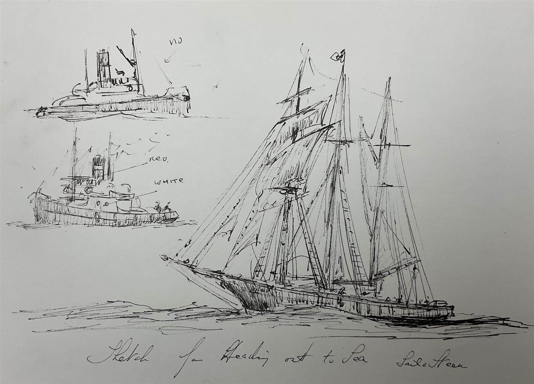 Jack Rigg (British 1927-2023): 'Sketch for Heading Out to Sea - Sail and Steam', pen and ink sketch titled, signed verso 18cm x 24.5cm (unframed)