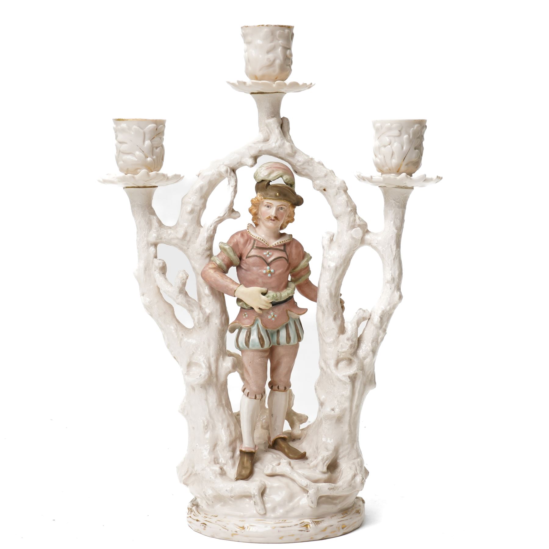 Alfred Stellmacher - Pair of three branch candelabra of naturalistic form, each with a central standing figure on circular bases with gilt highlights H37cm