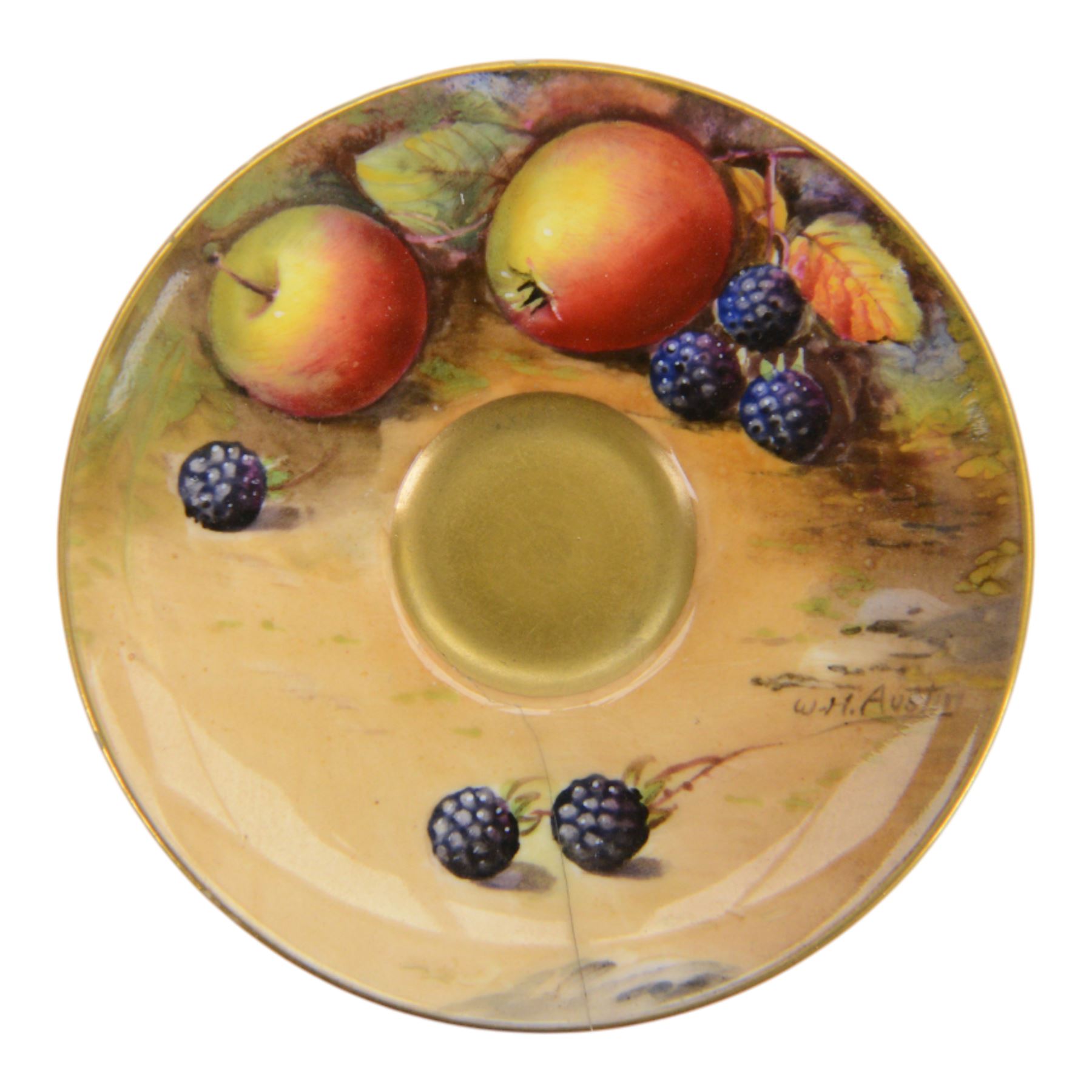 Two Royal Worcester fruit painted miniature cabinet cups and saucers, the first example interior hand painted with apples and blackberries upon a mossy ground, the cup exterior and centre of saucer gilded, cup signed W. Hale and saucer signed G. Mosley, each with puce coloured printed marks beneath, the second example, exterior hand painted with pears and blackberries upon a mossy ground, the cup interior and centre of saucer gilded, cup signed Rushton and saucer signed W. H. Austin, each with puce coloured printed marks beneath, largest H6cm