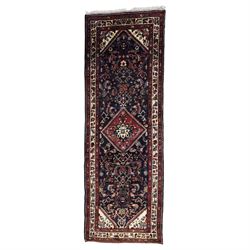 North West Persian Hamadan hand-knotted runner, indigo field with an all-over herati inspi...