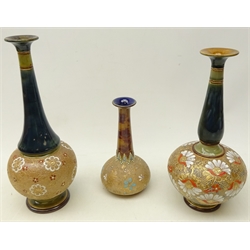  Royal Doulton stoneware vase of bottle form with chine ware body and two other similar Doulton Lambeth bottle shaped vases, H29cm maximum (3)  