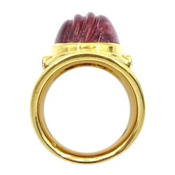 Elizabeth Gage 18ct gold tourmaline and diamond tapered Templar ring, the carved oval pink tourmaline cabochon with a round brilliant cut diamond set either side, the band featuring green guilloche enamel and the edges finished with wire-twist-wire decoration, London 1994, in original box