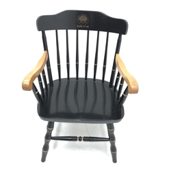 American Windsor armchair, painted black finish, turned supports joined by stretchers, W61cm