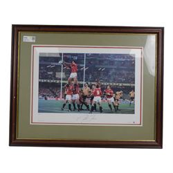 Two limited edition Brian Carney and Martin Johnson signed prints, together with a signed football print and a Ryder Cup print, all framed, frames H65 x W81cm