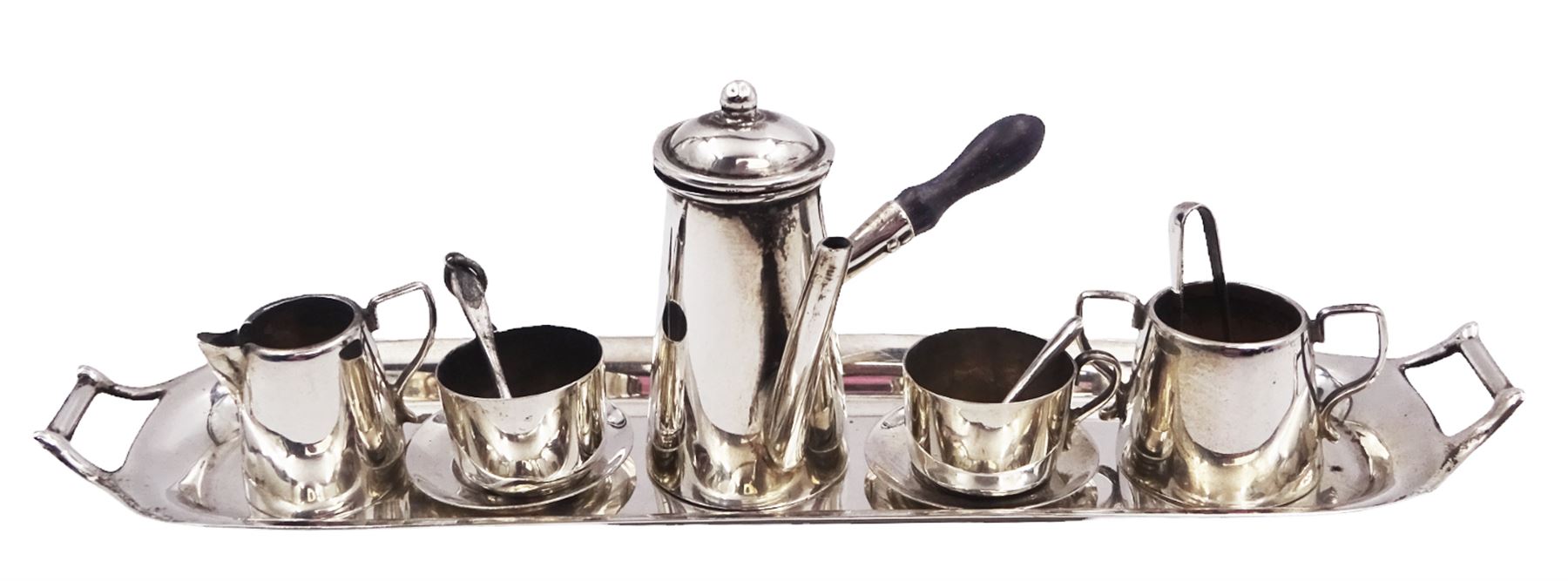Edwardian miniature silver tea set, comprising hot chocolate pot, two cups and saucers, milk jug, sugar bowl and tray, hallmarked Cornelius Desormeaux Saunders & James Francis Hollings (Frank) Shepherd, Chester & Birmingham 1908, with two spoons and pair sugar tongs, hot water pot H3.8cm