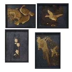 Japanese probably Meiji era silk embroidery fragments, including birds and flowers, each o...