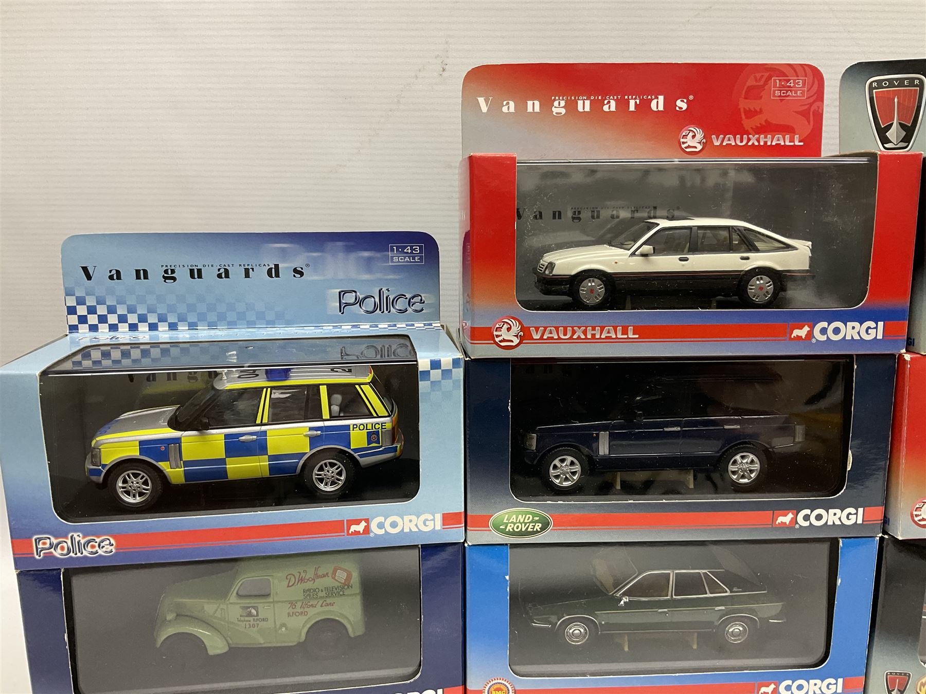 Lledo and Vanguard 1:43 scale die-cast models including Land Rover, Vauxhall, MG, Police and others, all boxed (21)