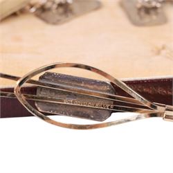 Mid 20th century silver powder compact, of circular form with engine turned decoration and engraved initials to interior, hallmarked, together with a pair of silver cufflinks, gold on silver cufflinks and tie clip, 15ct gold stick pin set with rose cut diamond, mirror D6.5cm
