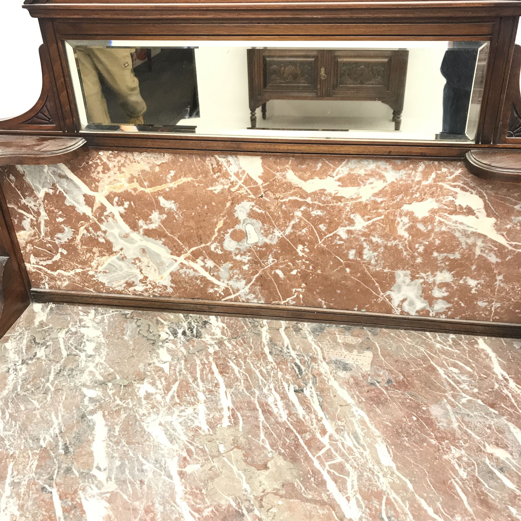 Victorian marble top washstand, raised shaped tile and mirror back, single drawers, turned supports joined by undertier, W108cm, H140cm, D52cm