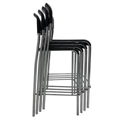 Set four Italian stacking bar stools, black back and seat over chrome supports