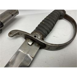 Mid-19th century Custom’s officer/Constabulary sidearm, with plain 60.5cm slightly curving fullered blade double edged at tip,  steel knucklebow and downswept quillon, stepped pommel and ribbed fishskin grip; in leather covered scabbard with steel locket, frog stud and chape L76cm overall