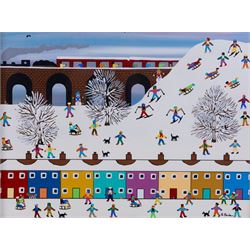 Gordon Barker (British 1960-): 'Snowy Day in the Village', acrylic on paper signed, titled...