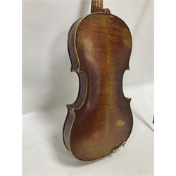 Full size violin and bow in a wooden constructed fitted case, back length 35cm, full length 60cm