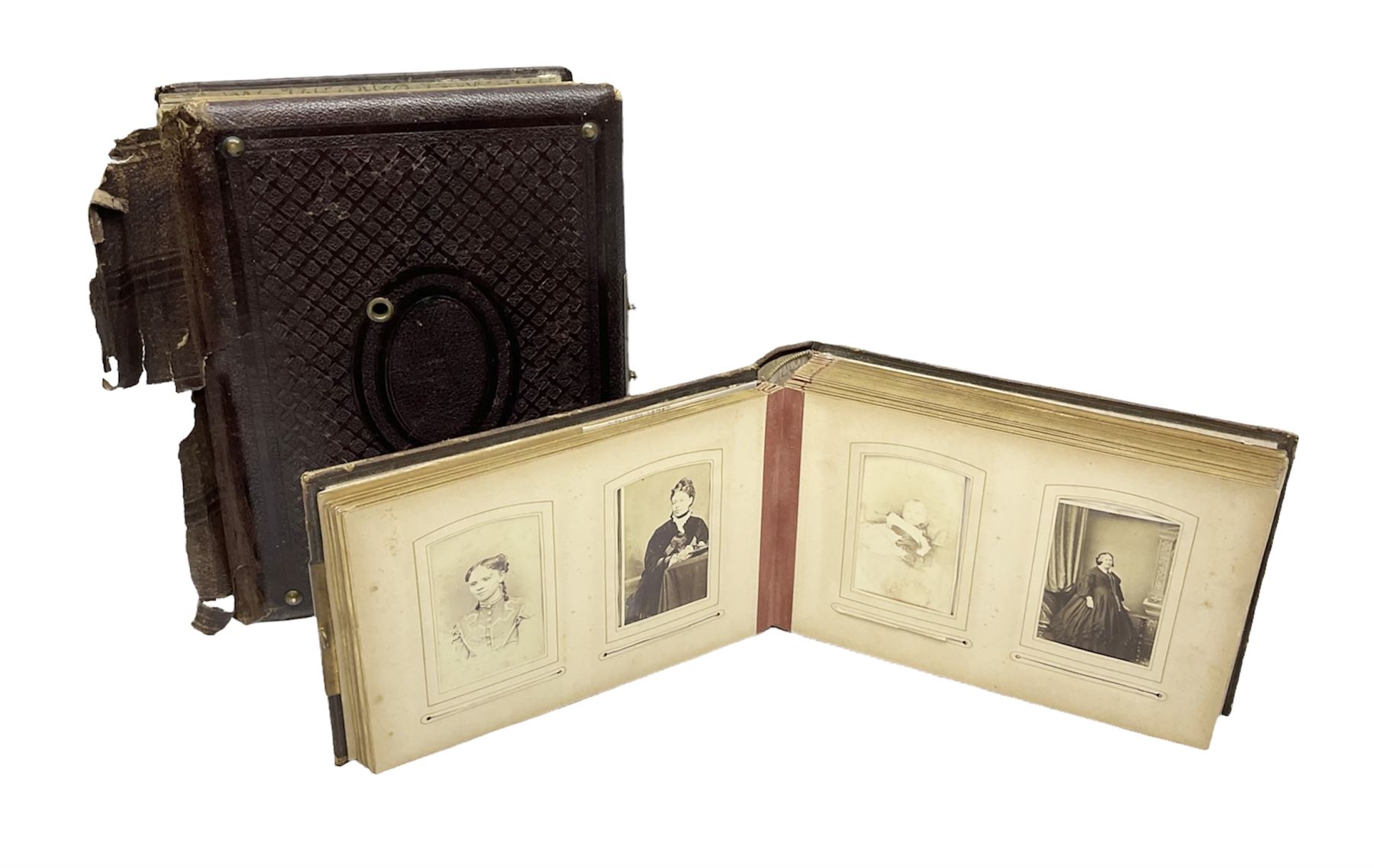 Victorian leather bound musical photo album, together with another victorian photo album, with photographs 