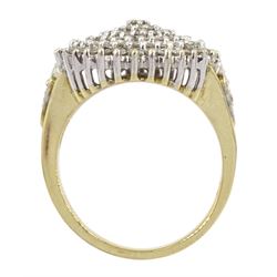 9ct gold diamond chip cluster ring, with diamond set shoulders, hallmarked, total diamond weight 1.00 carat