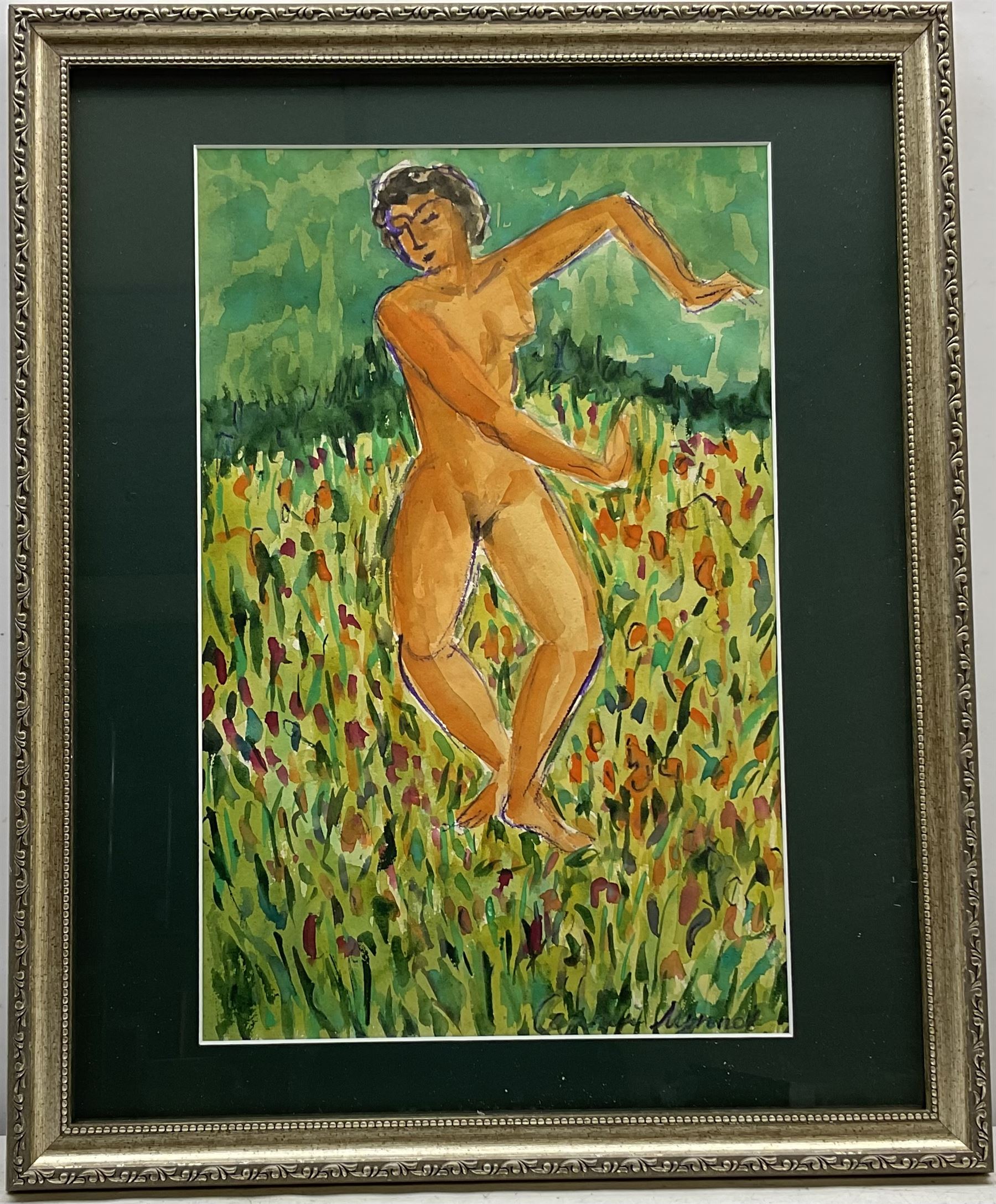 Sergie Luppov (Russian 1893-1977): Female Nude dancing in the Fields, watercolour signed 42cm x 27cm