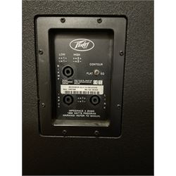 Peavey XR-696F 1200W Amplifier, serial no.K0241228, L47cm; with two Peavey UL bass bins L56cm and two Peavey top speakers L45cm with connecting rods; all with covers; and quantity of heavy duty cables, two microphone cables and microphone stand