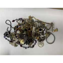 Collection of vintage and later costume jewellery, to include two victorian silver broaches, one inscribed bella, silver Saint Johns ambulance pendent and a silver locket, pair of jasperware cufflinks enamel bracelet decorated with paris monuments, five mother of pearl teaspoons, Mappin & Webb salt shaker etc 
