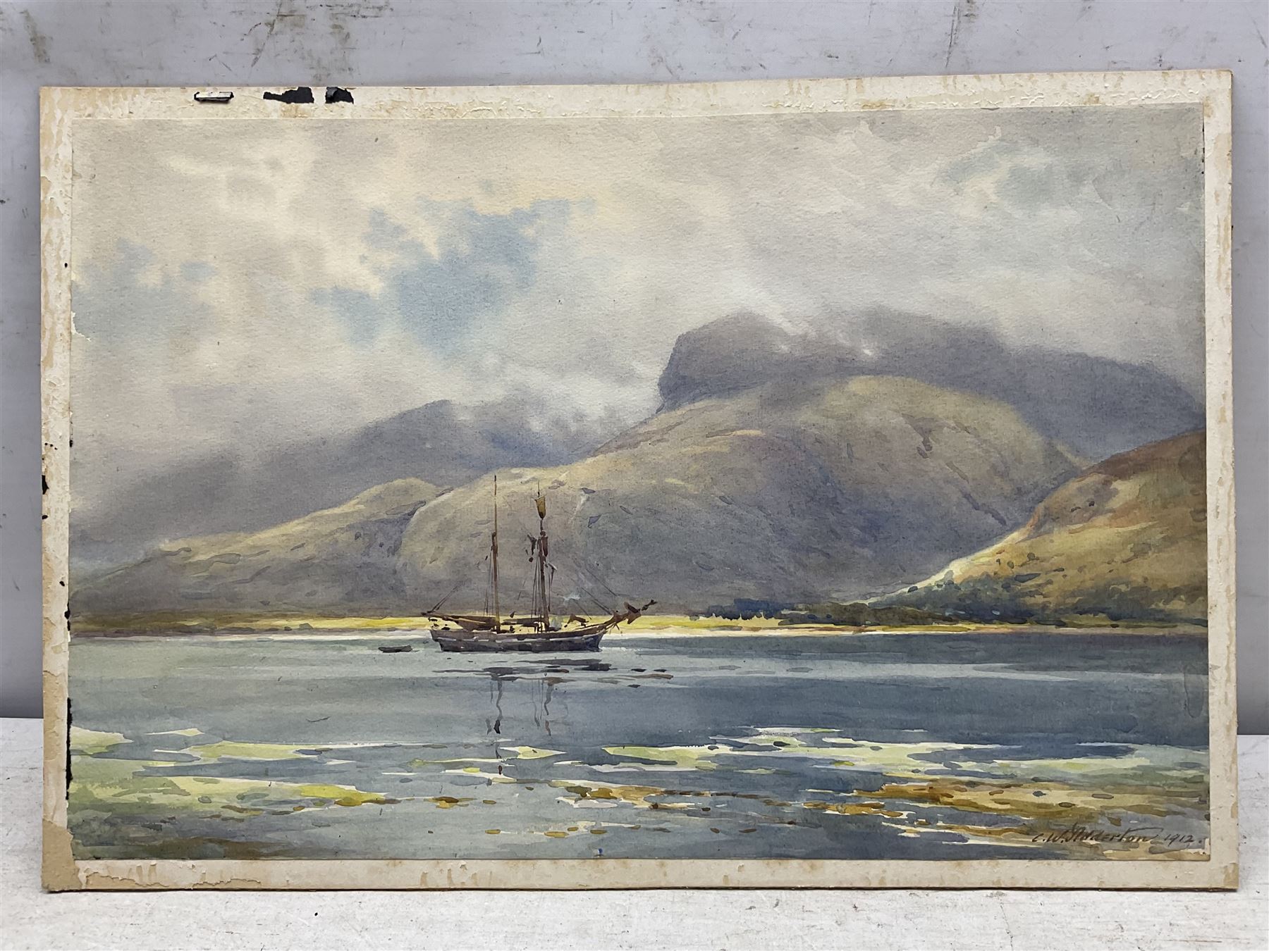 Charles William Adderton (British 1866-1944): 'Ben Nevis from Fort William', watercolour signed and dated 1912, titled verso 31cm x 47cm (unframed)
Provenance: direct from the family of the artist Harry Wanless 1872-1934, part of a collection never previously seen on the market
Notes: Adderton was a friend of the brothers Harry and Charles Wanless, all of whom studied under Albert Strange at the Scarborough School of Art School. Adderton had a studio at 55 Sandside, Scarborough between 1894 and 1901, he moved to Ockbrook Derby and later to Robin Hoods Bay where he was a member of the Fylingdales Group of Artists