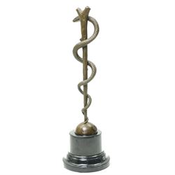 Bronze of the Staff of Asclepius with foundry mark on marble base H38cm
