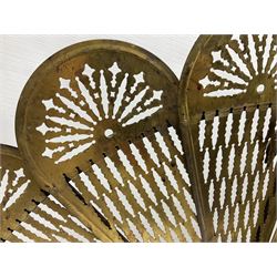 Pierced brass peacock style folding fire screen, with urn finial, H65.5cm